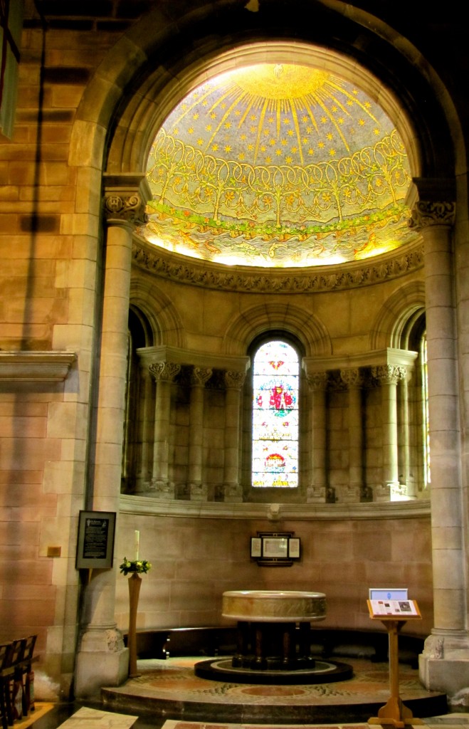 The Baptistery has a beautiful mosaic ceiling and marble font, with stained glass windows behind it all. Absolutely gorgeous.