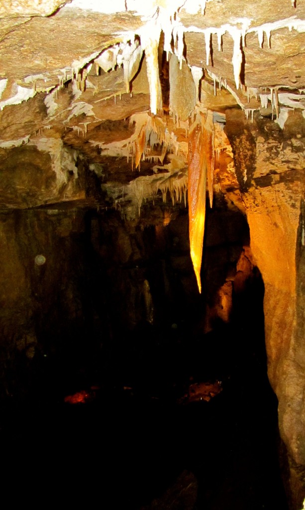 This is the largest stalactite in the cave. The discoloured and twisted end is the result of some vandals about 25 years ago throwing rocks at it until the tip broke off. They are trying to repair it, and won't know if it's successful for another 75 years.