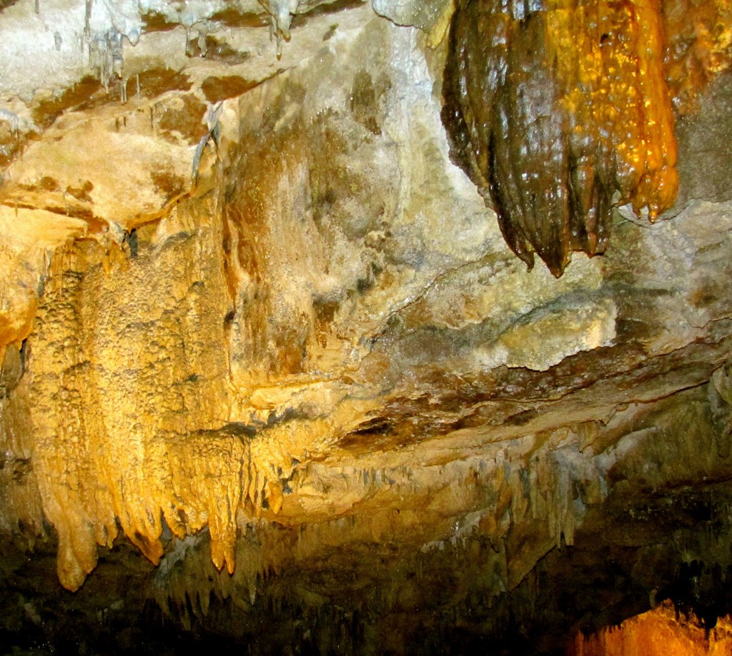 This is near the end of the boat ride. It shows some of the small stalactites and a cascade.