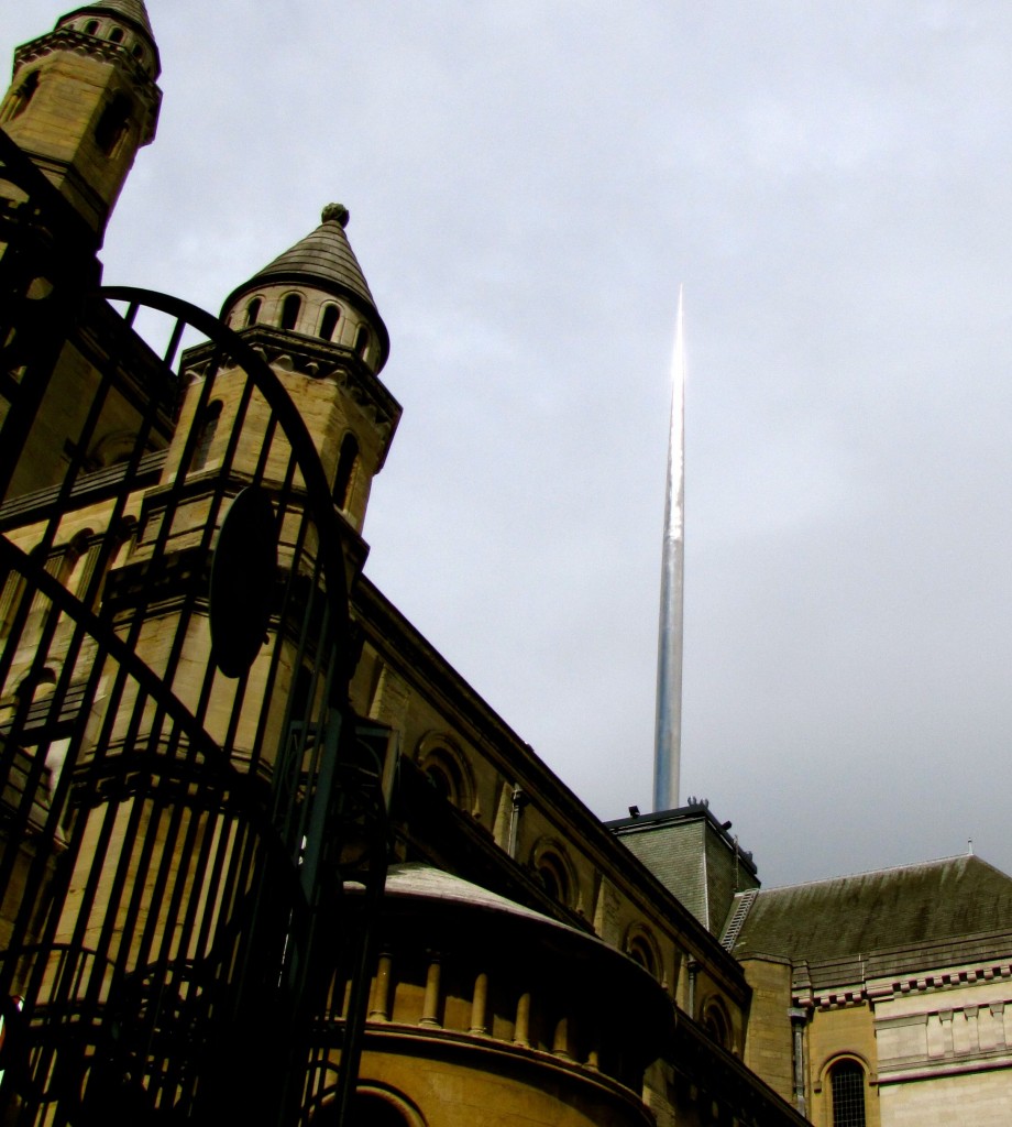 This is the Spire of Hope, rising out of St. Anne's Cathedral. It's a sister piece to the spire on O'Connell Street in Dublin, erected in response to the 9/11 attacks in NYC.