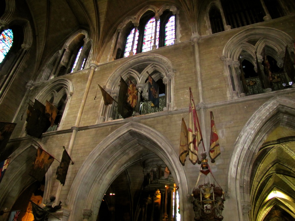 One of the main sections of St. Patrick's Cathedral is the hall where the colours of the Irish regiments hang. By tradition, when an Irish regiment is disbanded or retired, its colours are hung in this hall until they rot away.