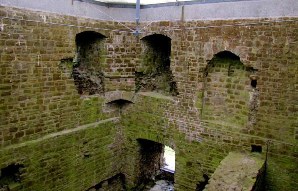 Most of the floors are gone inside the castle. A few have been replaced, and some walkways built.