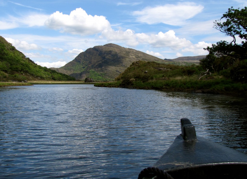 The river winds around the mountain.