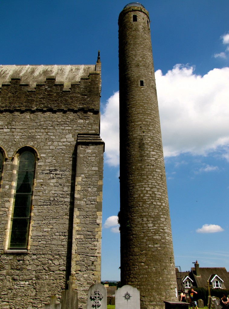 The round tower beside the cathedral goes up about a hundred feet. From it, the highest tower on the highest hill in Kilkenny, you get an unequaled view of the city. But that was just way too many steps for me today, considering doing the cave and the heat of the day. Besides, it leans.
