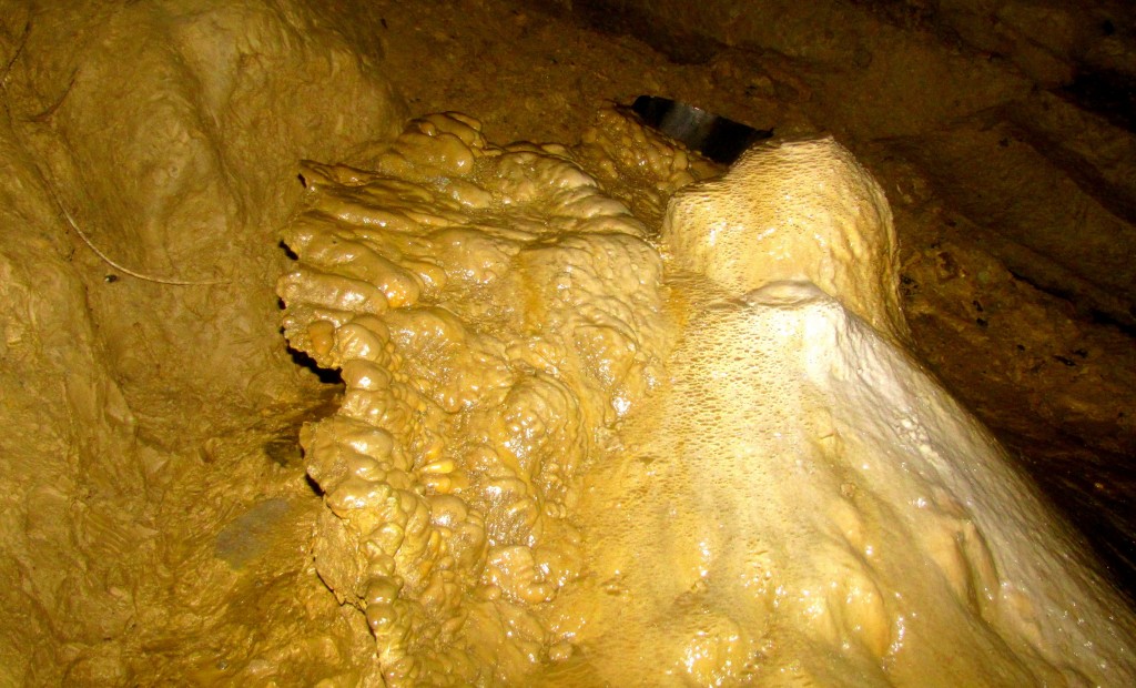 The stalagmite beneath the stalactite is about the size of a couch. It's sitting on soft clay, though, which means that it's sliding slowly downhill. There's another stalagmite that used to sit beneath the stalactite, but it slid down clay bank far enough that it tipped over.