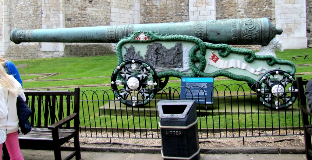 A 24-pound brass cannon, all painted and polished up.