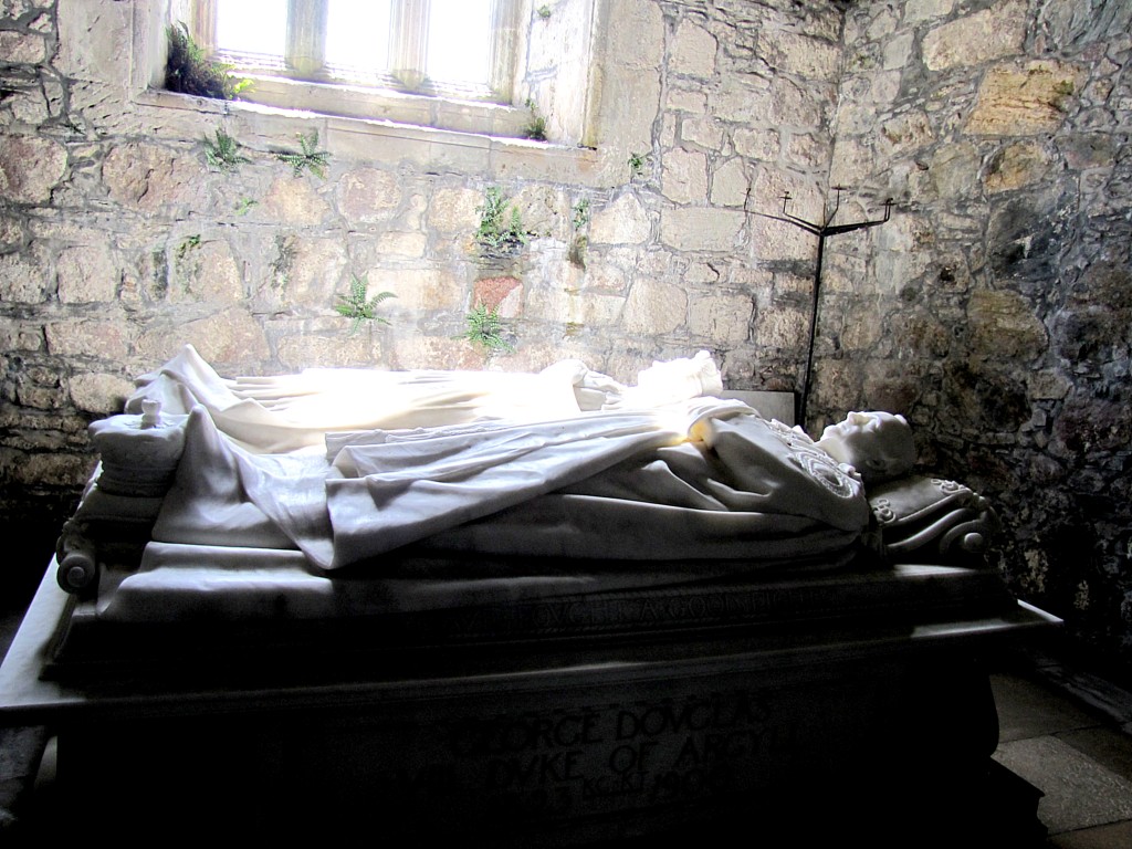 The Ninth Duke of Argyll paid for restoring and repairing the abbey, on the condition that it be used for all Christian denominations. He died before it was complete, and is buried in his home tomb. His wife survived to see the work finished and, being from the islands herself, is interred here, next to a memorial for her husband. Note that the Duke's crown is below his feet, while the Duchess's crown is on her head; that's how you can distinguish between an actual burial and a memorial. I learned that today.