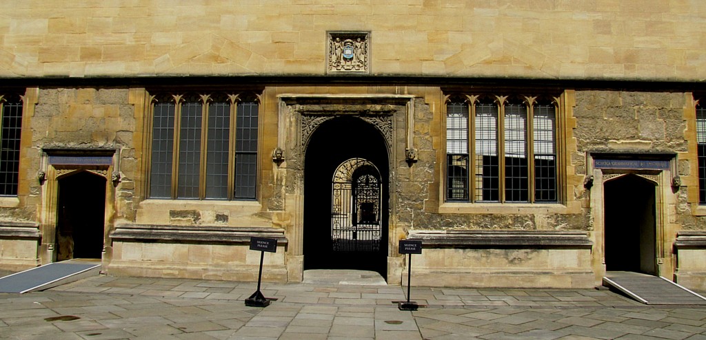 Surrounding the inner square of the Bodleian are these doors, each labeled with the subject that used to be stored in that area.