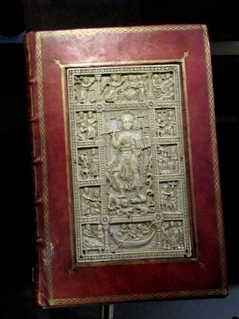 An ivory plaque from the court of Charlemagne, circa 800. It's set in an 18th century binding that covers the original Carolingian manuscript.