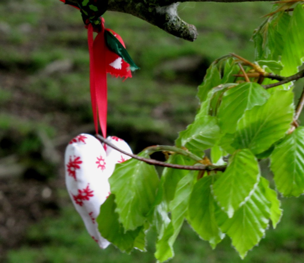 I'm not sure what kind of trees those are, but they had a bunch of little heart-shaped charms hanging from the branches. It reminded me of the whitethorns - the faerie trees - in Ireland.