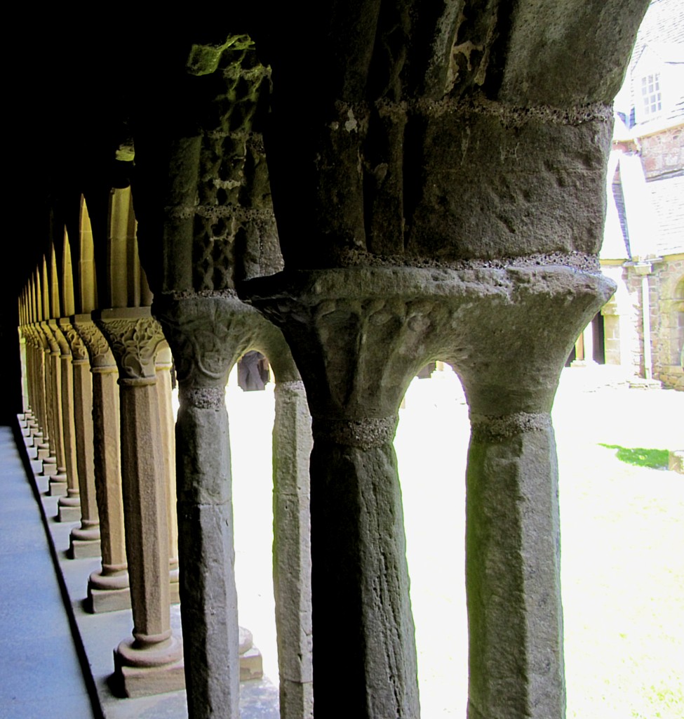 The two column sets in the foreground and the only original cloister columns that have survived. The rest have been recreated, and each set carved uniquely by a different stonemason while working on restoration of the abbey. They did these columns in their spare time, over the course of thirty years.