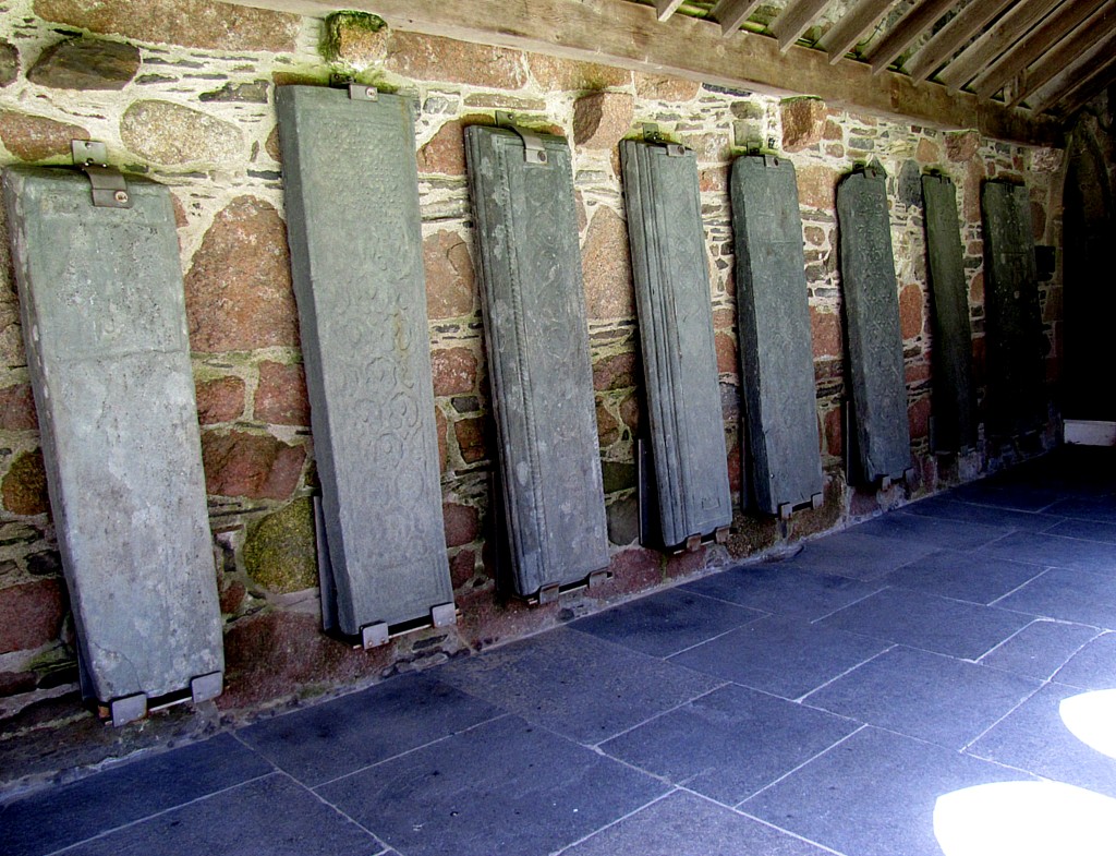 The walls surrounding the abbey cloister are lined with some of the many, many gravestones they've found on the site.