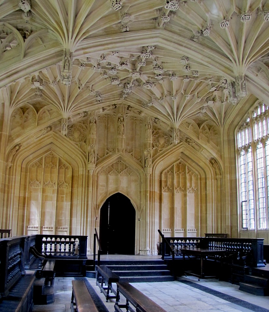 This is the School of Divinity. It used to be used for the Oral Disputation, the Latin debate that served as final examinations. These days, it's mainly used as the robing room for graduates before they cross over into the Sheldonian Theatre. Also, the ballroom dancing class scene from Harry Potter and the Goblet of Fire was filmed in here. I'm standing about where Prof. McGonnagall stood to lead the class.