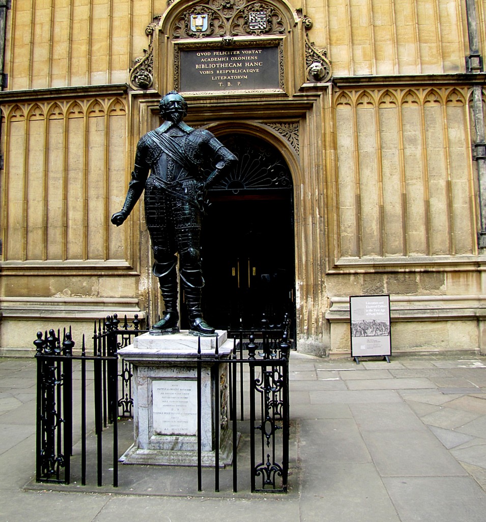 This is a statue of William Herbert, the 3rd Earl of Pembroke. He was a patron of Shakespeare, and the First Folio of Shakespeare's plays is dedicated to him. He may or may not be the Mr. W. H. that the sonnets are dedicated to. He was a bit of a scandalous character in Elizabeth's court, but was a generous and bookish man, who gave a whole bunch of books to the library. Note the stylish armour; that's about as close as Herbert ever got to a battlefield.