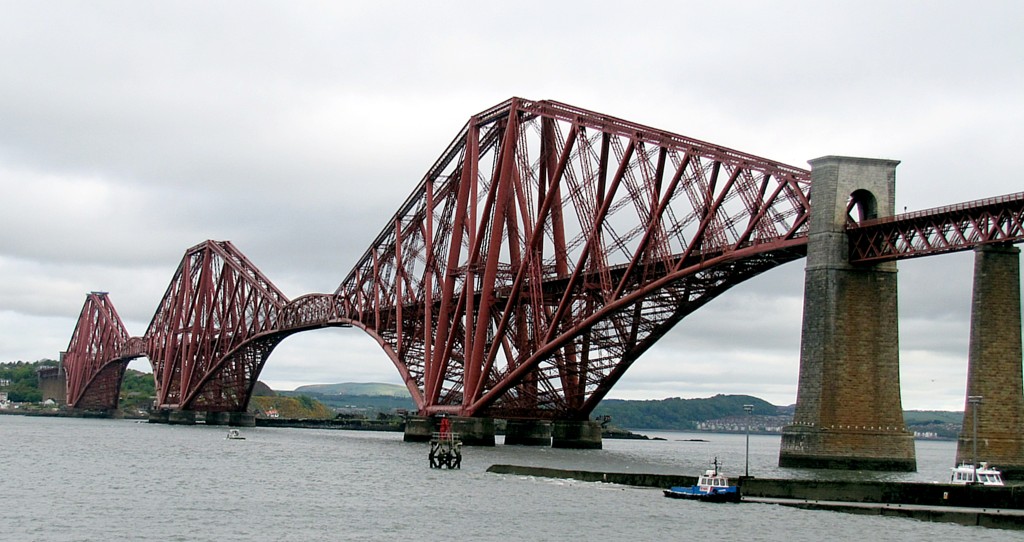 This is the rail bridge crossing the Firth of Forth, just north of Edinburgh. It's almost 125 years old. Apparently, it was being built just after another railway bridge over the Firth of Tay had collapsed, dropping a train into the water and causing numerous deaths. This one is intensively over-designed in order to avoid something similar.