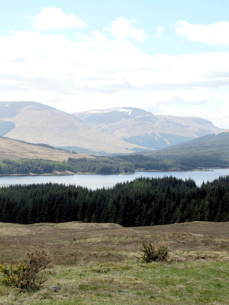 Looking out over the loch, which I don't know the name of, at the mountains. Note the snow.