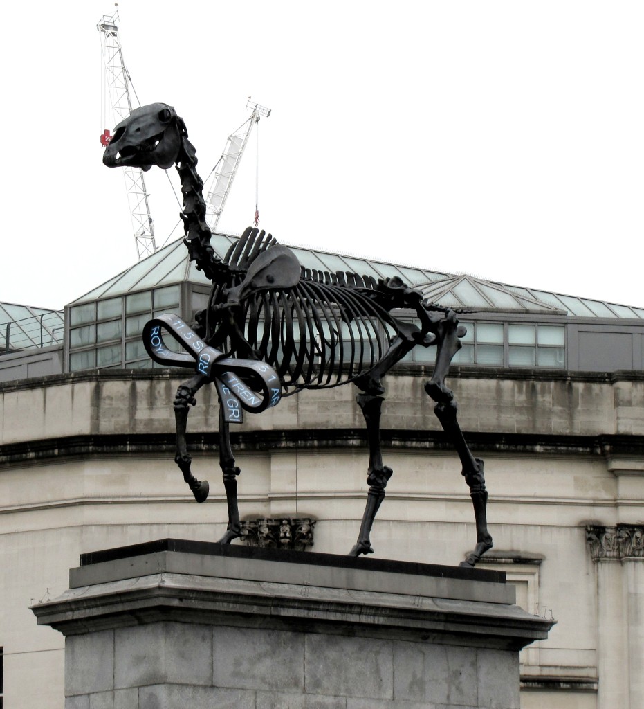So, there are three big plinths in Trafalgar Square. Three are filled with regular (kinda boring) statues. The fourth one apparently changes statue every so often. Right now, it's got a statue of a horse's skeleton with a stock market ticker. It's supposed to be a statement about wealth inequality, but I have an innate distrust for the social messages of art commissioned by the government.
