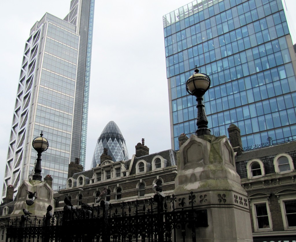 So, this is a look at the London skyline from within London. It's taken just outside of Liverpool Street, which is a train and underground station. Also, a mall. You can just see the tip of the Gherkin peeking over the older building in the foreground.