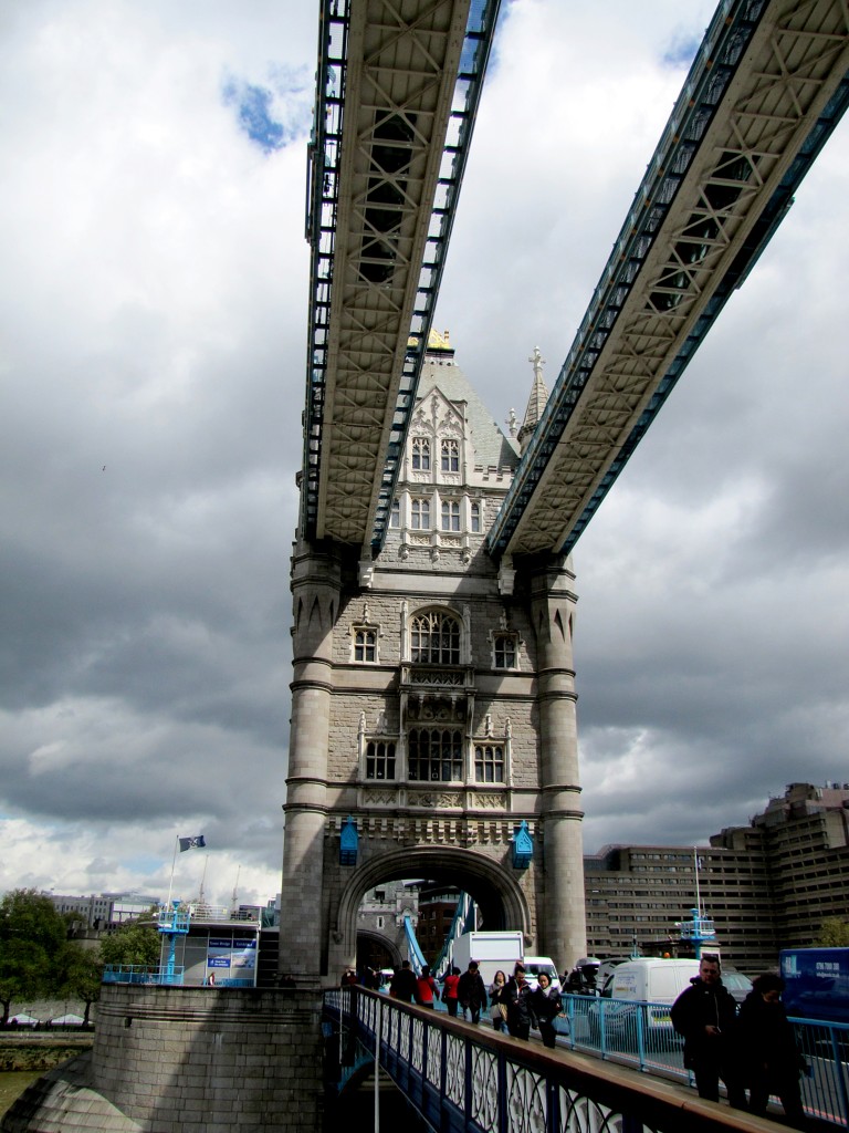 Crossing the Tower Bridge. For a fee, you can go up inside one of the two towers, and cross on the elevated walkway between them. That seemed like far too many stairs to me today.