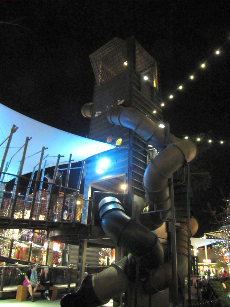 The middle of Container Park has a play area, including an impressive treehouse.